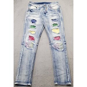 Vintage Skater Handmade Jeans Women 32 Multi Denim Light Wash Slim Rap Style Art
